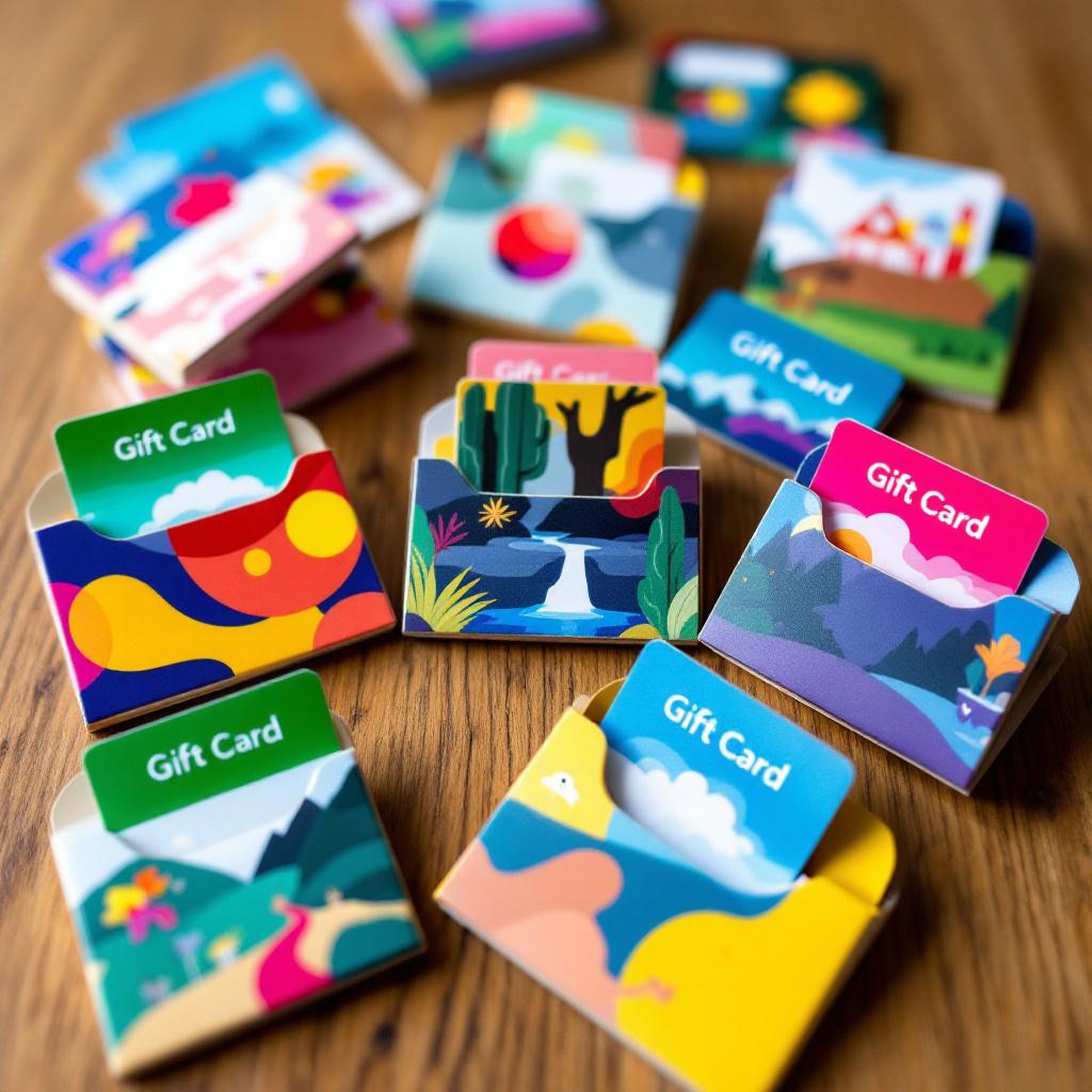Colourful gift cards displayed in matching card holders