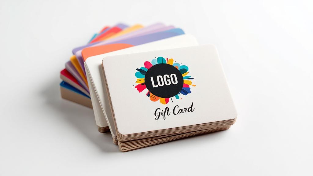 Stack of printed gift cards with colourful branding