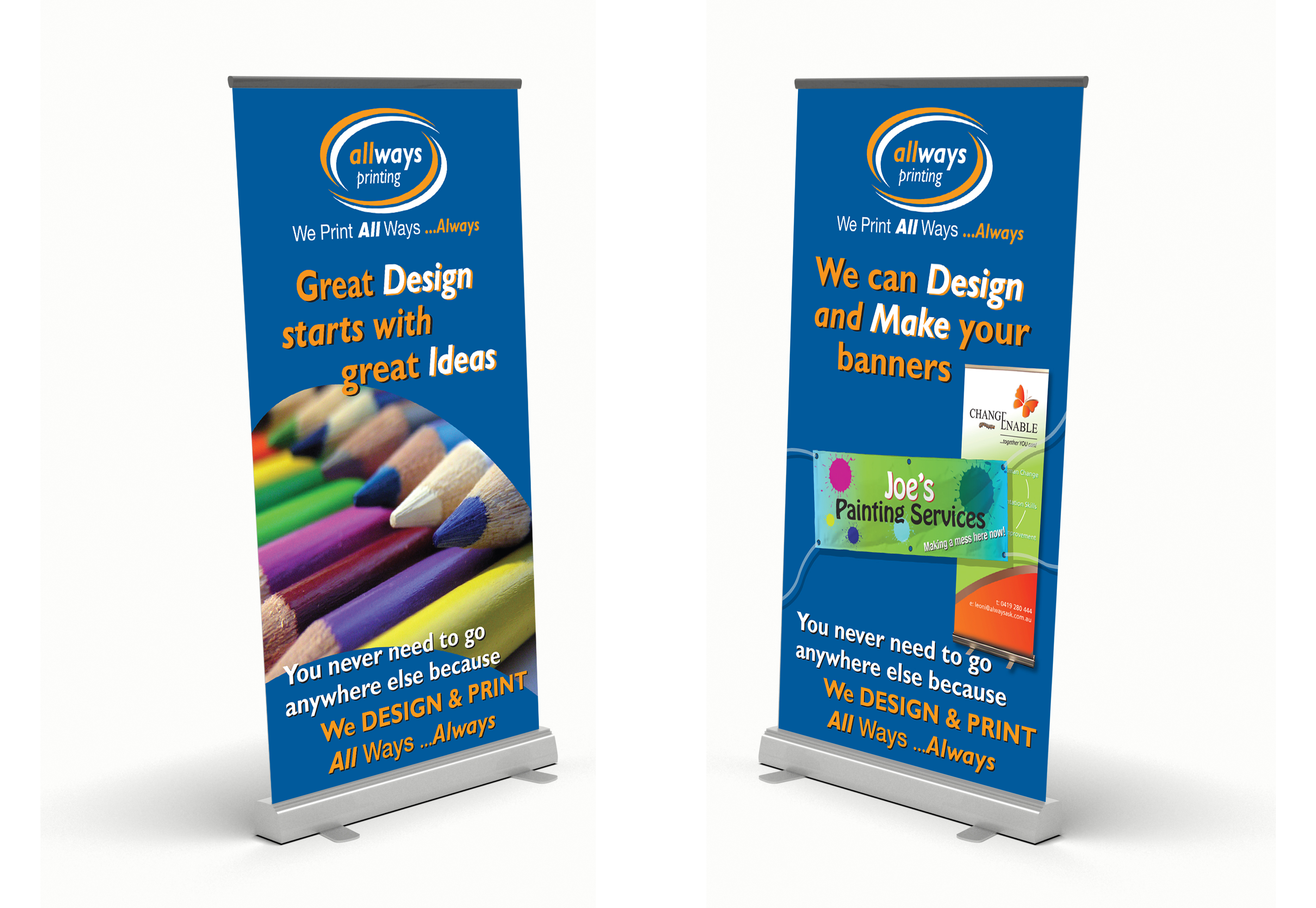 Two custom printed pull-up banners with silver bases